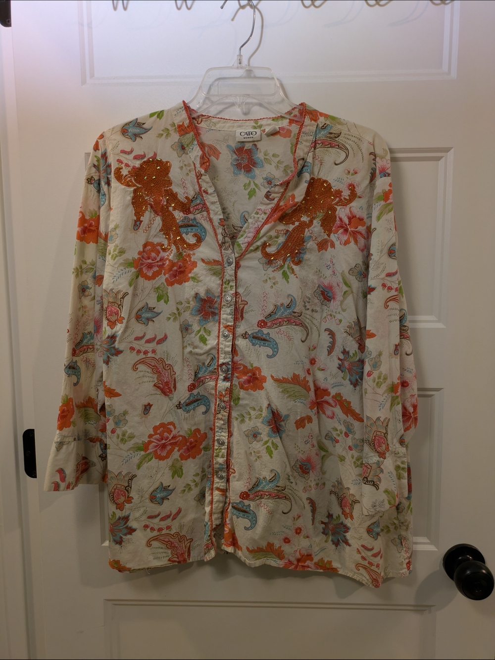 🔴 3/$15 Cato Floral Embellished Button-Up Shirt - Cream with Orange & Teal